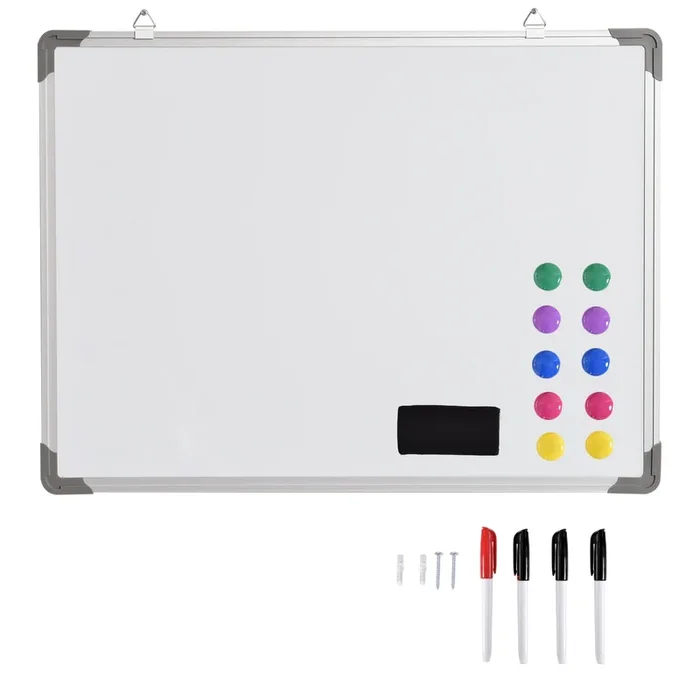 HOMCOM Pizarra Magnética con PIzarra de Pared Incluye 4 Rotuladores Borrador y 10 Imanes 60x45x1,8 cm Blanco