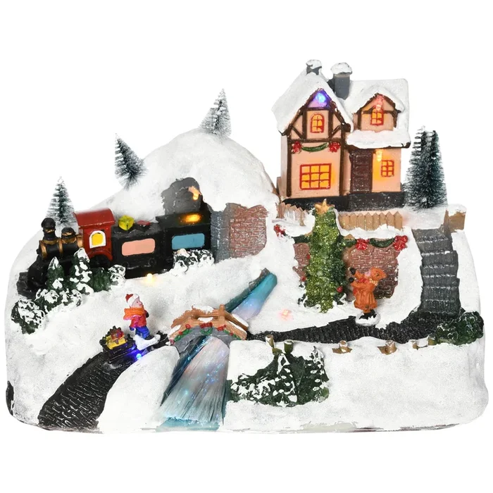 HOMCOM Pueblo Navideño Escena Navideña Iluminado con Luces LED Árbol de Navidad Música y Tren Móvil Decoración Navideña sobre Mesa 30x19x19,5 cm Multicolor