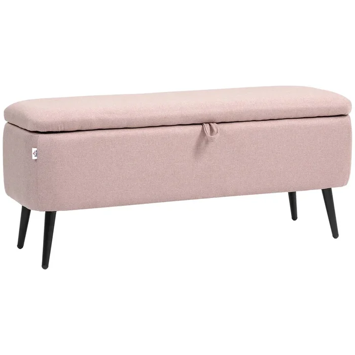 HOMCOM Puff Almacenaje Banco Almacenaje con Tapa Abatible y Patas de Acero Tapizado en Lino para Dormitorio Salón Entrada Carga 150 kg 101×38,5×44,5 cm Rosa