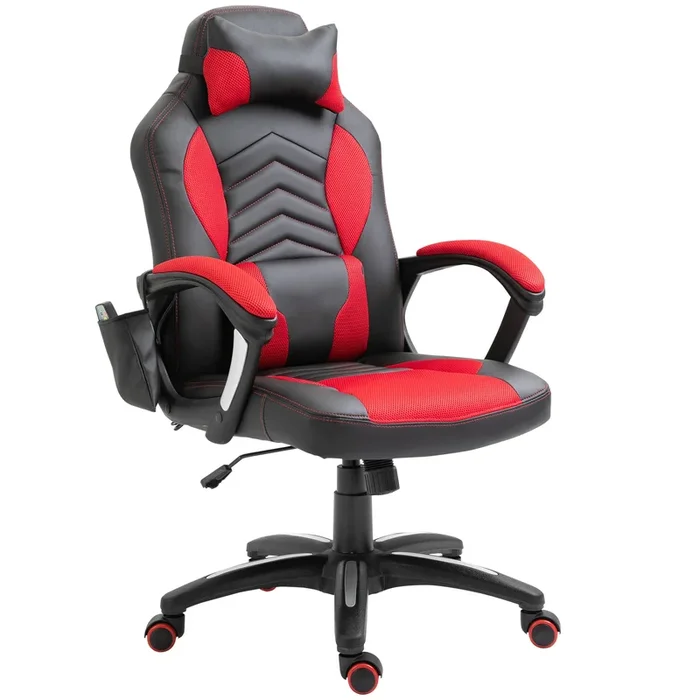 HOMCOM Silla de Oficina Ajustable Sillón Giratorio Ejecutiva Reclinable con 6 Puntos de Masaje y Calefacción 2 Almohadas y Mando a Distancia 68x69x108-117cm Negro y Rojo