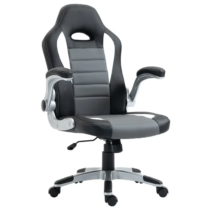 HOMCOM Silla de Oficina Silla de Escritorio Ajustable Silla de Despacho con Reposabrazos Abatibles 5 Ruedas y Función Basculante Carga 120 kg 65x69x112-122 cm Gris