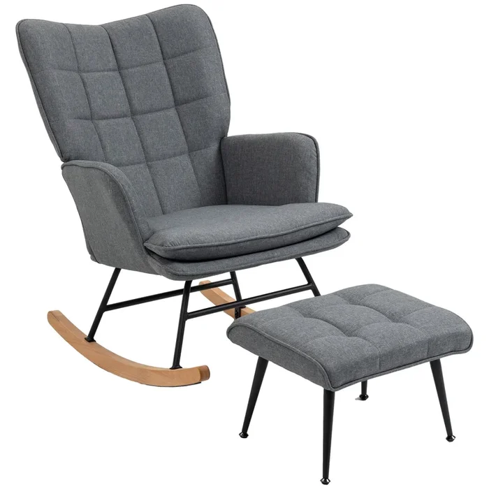 HOMCOM Silla Mecedora con Reposapiés, Sillón de Relax, con Cojín Acolchado, Respaldo Alto, Asiento Ancho, Reposabrazos y Patas de Madera, Carga 130 kg, para Salón, Dormitorio, Gris