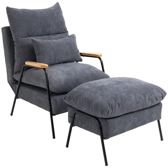 HOMCOM Sillón de Relax con Reposapiés Sillón Reclinable con Respaldo Ajustable Tapizado en Pana Marco de Acero y Cojines para Salón 68×91,5×88 cm Gris