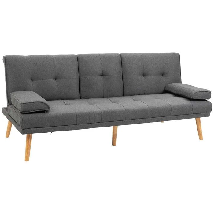 HOMCOM Sofá Cama 3 Plazas, Mesa Abatible con 2 Soportes para Vasos, 181x77x78 cm, Sofá Cama con Respaldo Ajustable, Apertura Clik-Clak, Reposabrazos Desmontables, Patas de Madera, Gris Oscuro