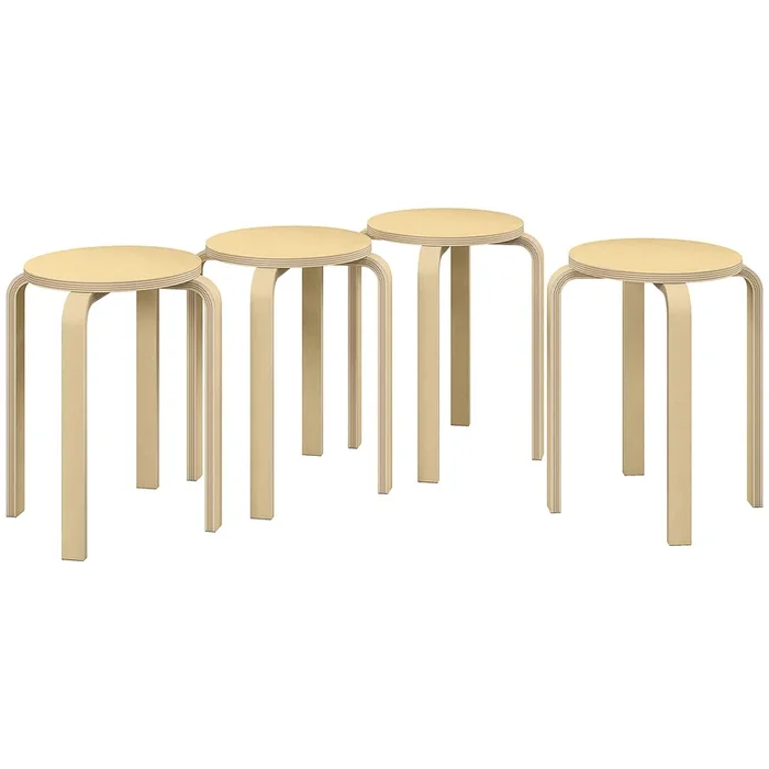 HOMCOM Taburetes Apilables Juego de 4 Taburetes Multiusos Taburetes de Madera Redondos Carga 120 kg para Cocina Salón Dormitorio Estudio Ø40×45 cm Madera Natural