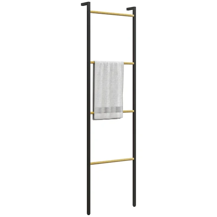 HOMCOM Toallero de 4 Niveles Toallero Escalera Apoyado en la Pared Toallero de Baño con 4 Barras de Bambú y Marco de Acero 49×5,5×167,5 cm Negro y Natural
