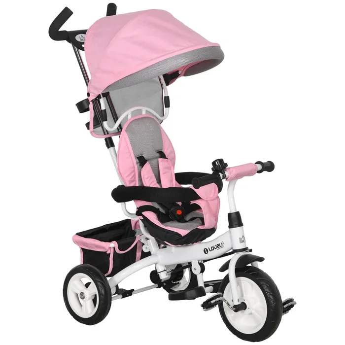 HOMCOM Triciclo Evolutivo para Bebés 6 en 1 Triciclo para Niños de 1-5 Años Bicicleta para Niños con Toldo Plegable Mango Telescópico Desmontable Cinturón de Seguridad y Cesto 95x50x106 cm Rosa