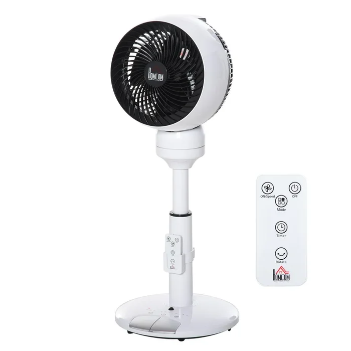 HOMCOM Ventilador de Pie de Diámetro 23 cm con Circulador de Aire Ventilador de Pedestal con 3 Velocidades 3 Modos Altura Ajustable de 60-70 cm Oscilante 70° Control Remoto Blanco
