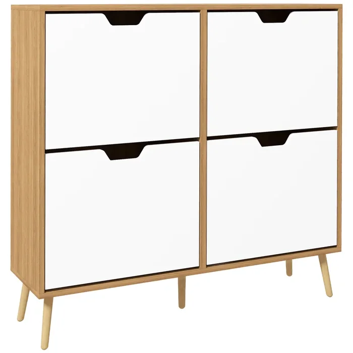 HOMCOM Zapatero Estrecho con 4 Cajones Abatibles, Zapatero Entrada Recibidor con Patas de Madera y Estantes Ajustables, para 16 Pares de Zapatos, para Pasillo, 95x26x95 cm, Blanco y Natural