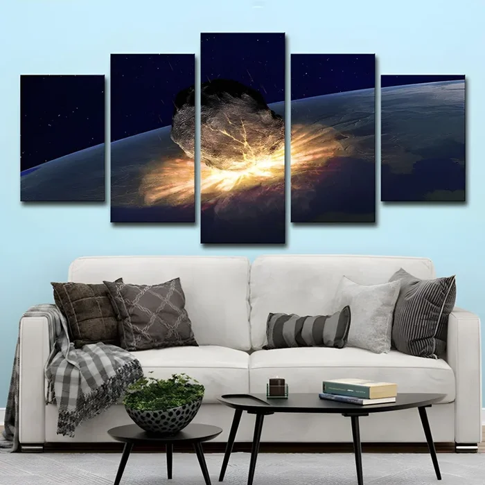 Impresión en lienzo de la ciencia ficción «Meteorito Planet Killer» en dorado para decoración de pared del salón – Dorado Grande