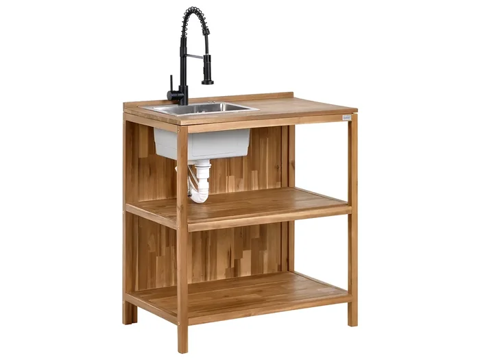 Isla de cocina exterior con fregadero VENOSA Madera de acacia Marrón/Negro Marrón