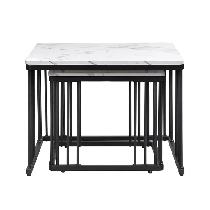 Juego de 2 mesas nido – tapa de MDF con diseño de mármol – patas negras – Blanco y negro