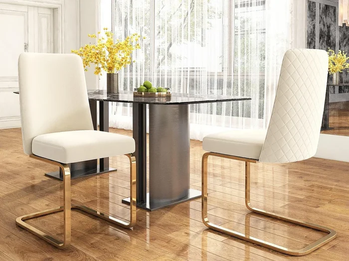 Juego de 2 sillas cantilever de terciopelo – respaldo con diseño de rombos – base de metal dorado – Beige