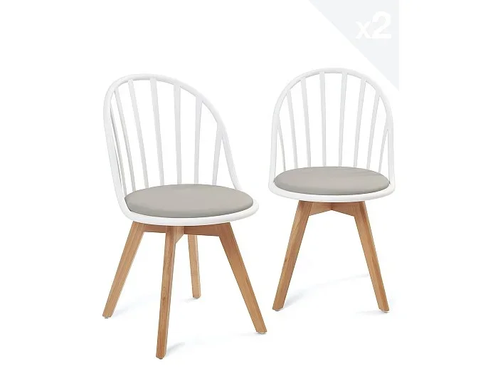 Juego de 2 sillas de bistró con diseño escandinavo. Asiento con cojín de cuero sintético acolchado, patas de madera de haya clara BOLD (blanco y gris)