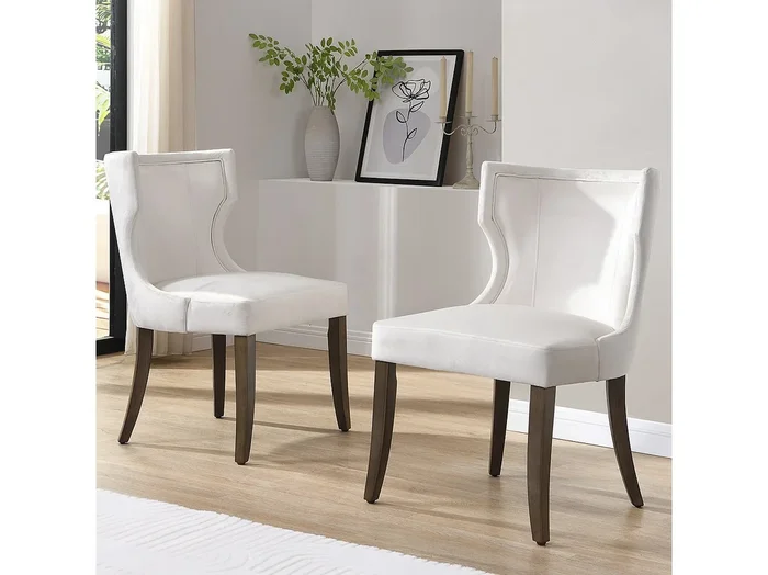 Juego de 2 sillas de cocina, tela de terciopelo, patas de madera marrón, blanco beige