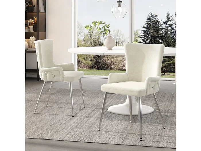 Juego de 2 sillas de comedor – patas de metal plateado – terciopelo beige – para sala y comedor