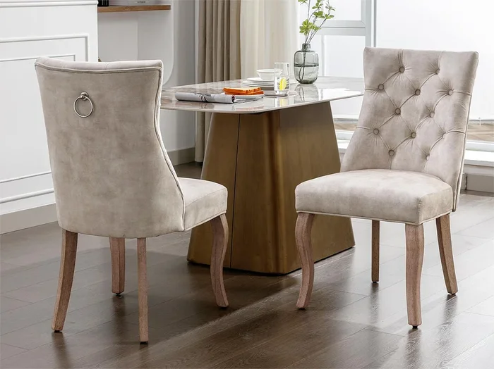 Juego de 2 sillas de comedor de terciopelo – Acolchado de botones – Crema