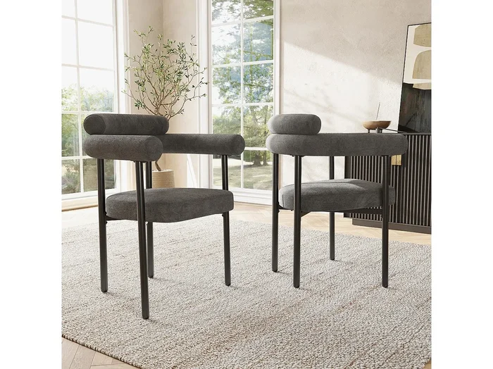 Juego de 2 sillas de comedor gris oscuro – Silla de comedor con respaldo y reposabrazos – ante – patas de metal negro