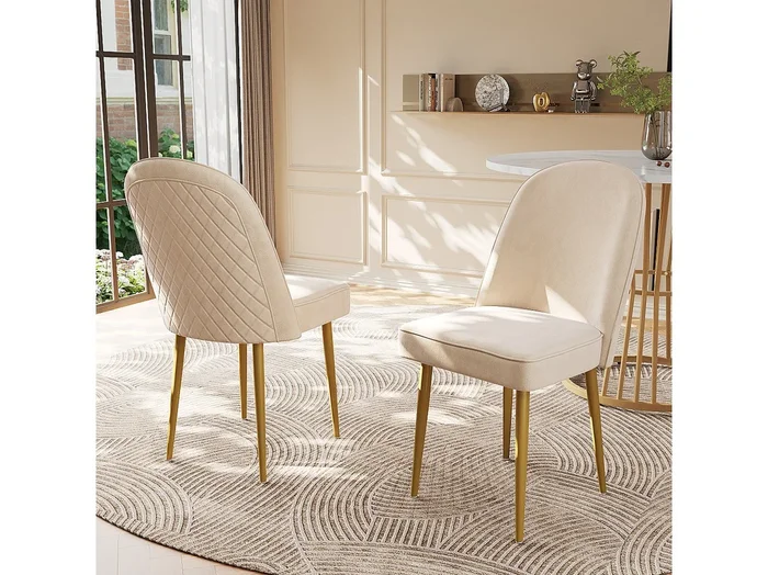 Juego de 2 sillas de comedor modernas de terciopelo – Patas de metal dorado – Sin brazos – Beige