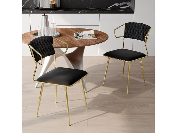 Juego de 2 sillas, respaldo redondo, patas de silla chapadas en oro, color negro, terciopelo.