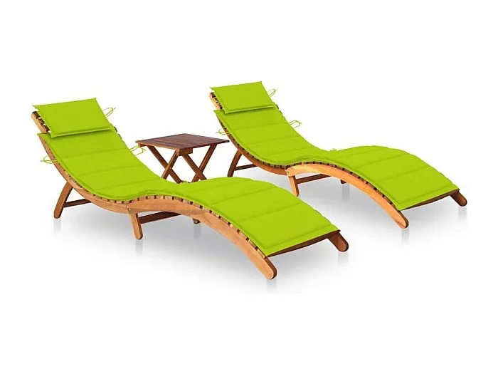 Juego de 2 tumbonas tumbona para tomar el sol cama de jardín terraza muebles de exterior con mesa y cojines de acacia maciza 02_0012116