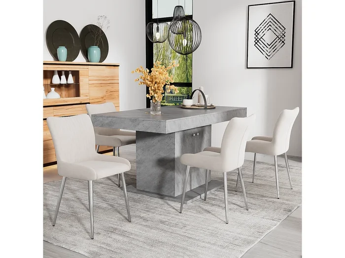 Juego de 4 sillas de comedor – terciopelo beige – con patas y respaldo plateados – para comedor y dormitorio