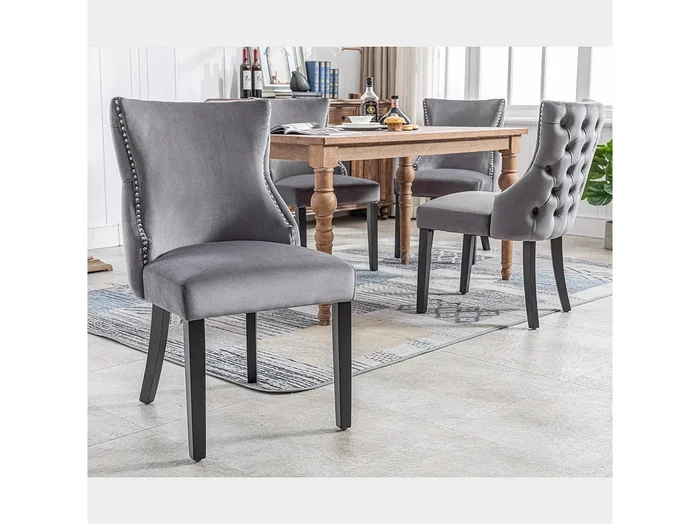 Juego de 4 sillas de comedor – Terciopelo y madera maciza – Respaldo con motivos de rombos – Gris y negro