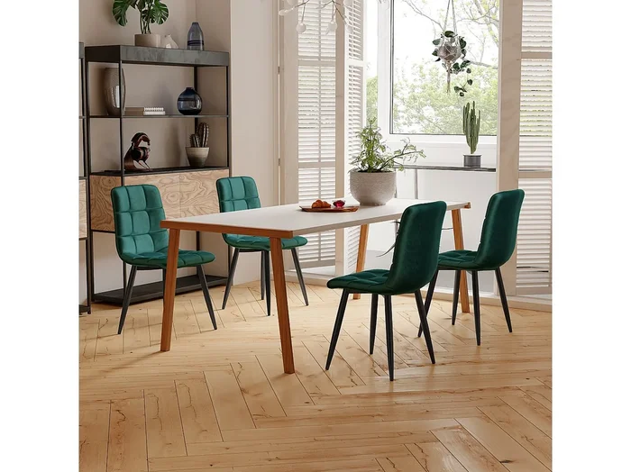 Juego de 4 sillas de comedor con respaldo, estructura de metal, verde oscuro, terciopelo