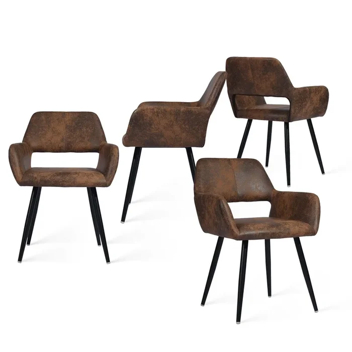 Juego de 4 Sillas de Comedor Sillón Tapizado Asiento de Piel Sintética Patas de Metal, Marrón