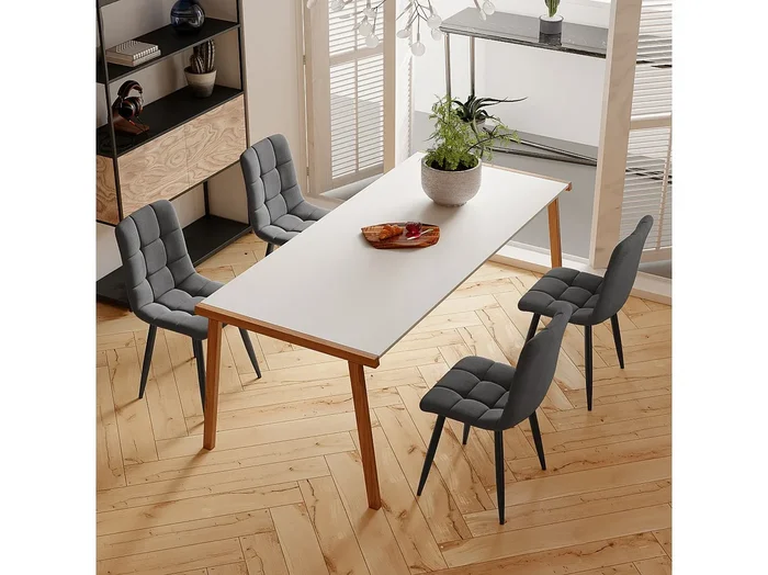 Juego de 4 sillas de comedor tapizadas en lino con estructura de metal, color gris