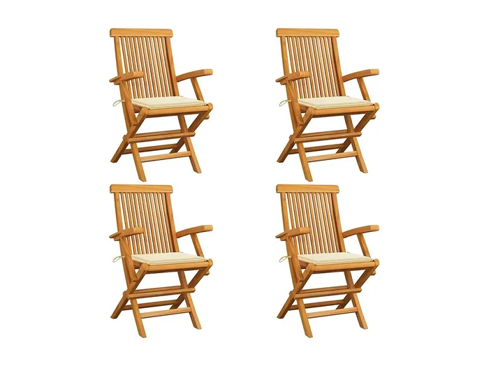 Juego de 4 sillas de jardín y cojines color crema Madera maciza de teca