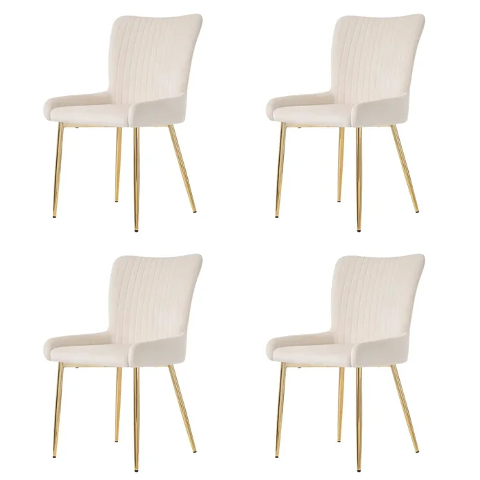 Juego de 4 sillas de terciopelo – con patas de metal dorado – Beige