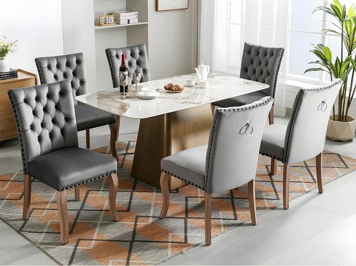 Juego de 6 sillas acolchadas de terciopelo – estructura de madera maciza – gris