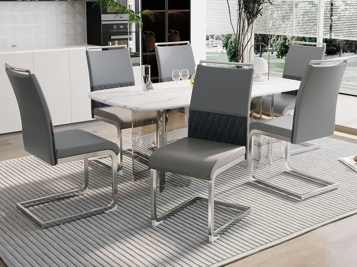 Juego de 6 sillas de comedor – Lino y piel sintética – Patas de metal – Gris – BLITZ