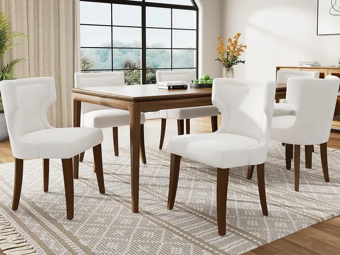 Juego de 6 sillas de terciopelo – con patas de madera maciza ajustables – Beige