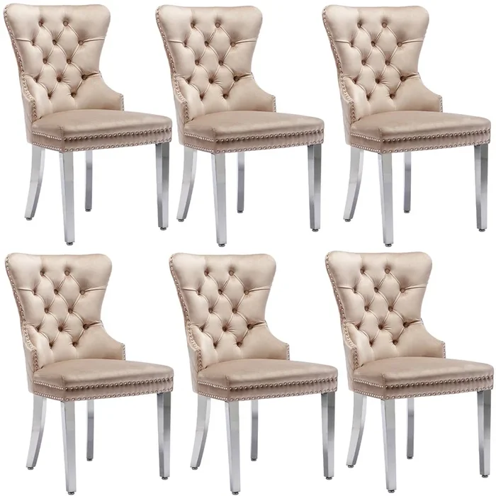 Juego de 6 sillas de terciopelo con patas de metal – Beige