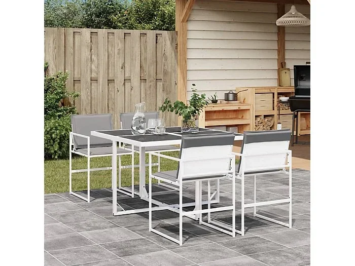Juego de comedor de jardín 5 piezas con cojines textilene blanco