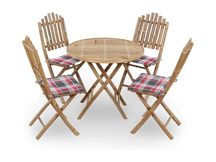 Juego de comedor de jardín plegable 5 piezas bambú con cojines