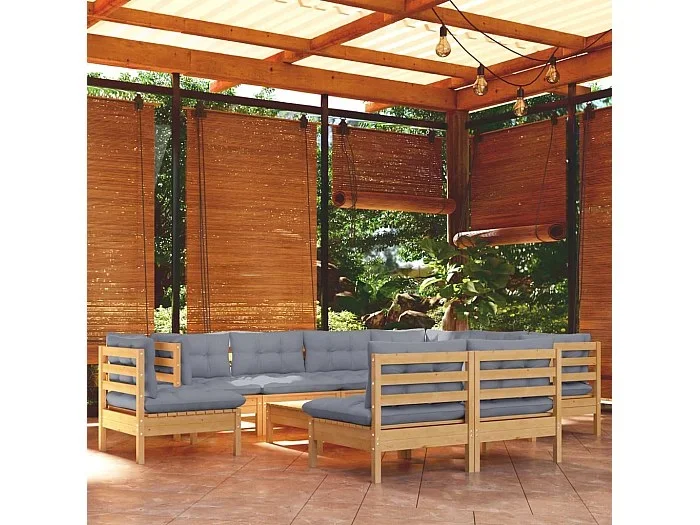 Juego de muebles de jardín 10 piezas y cojines madera maciza pino