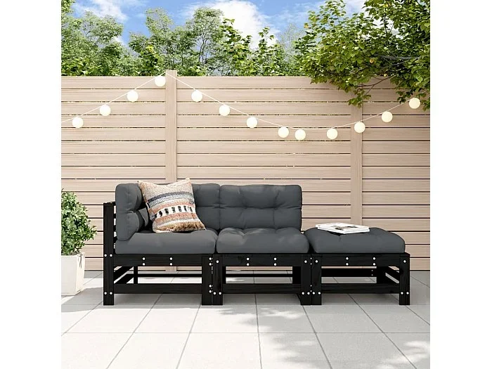 Juego de muebles de jardín 3 pzas madera maciza de pino negro