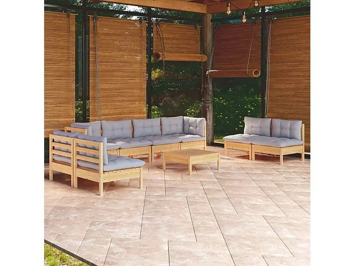 Juego de muebles de jardín 9 piezas y cojines madera maciza pino