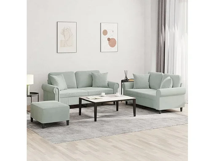 Juego de sofás con cojines 3 piezas terciopelo gris claro