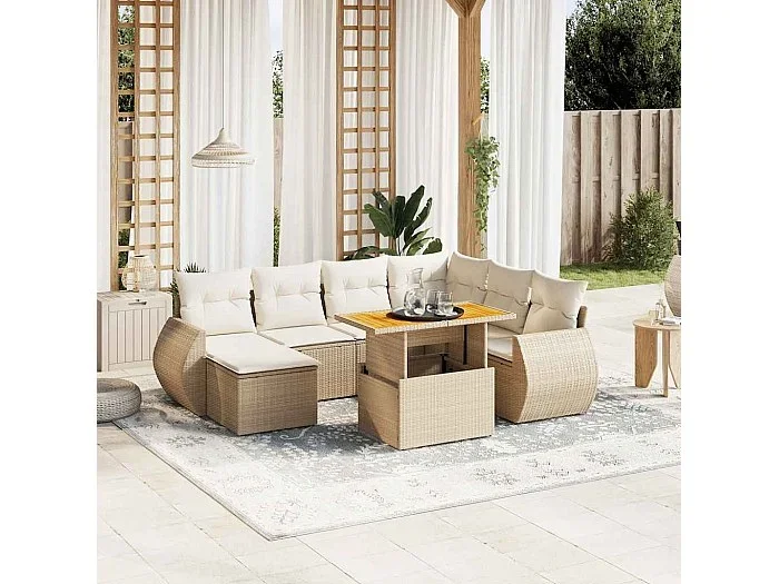 Juego de sofás de jardín con cojines beige 8 piezas ratán PE