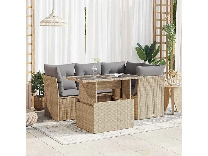 Juego de sofás jardín con cojines 5 piezas ratán sintético beige