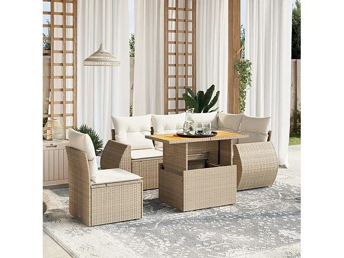 Juego de sofás jardín con cojines 6 piezas ratán sintético beige
