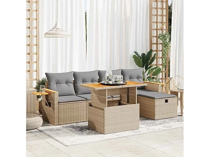 Juego de sofás jardín con cojines 6 piezas ratán sintético beige