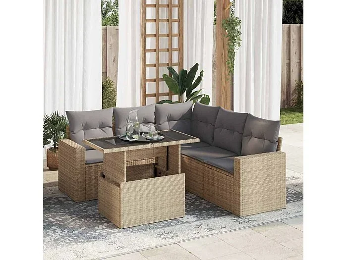 Juego de sofás jardín con cojines 6 piezas ratán sintético beige