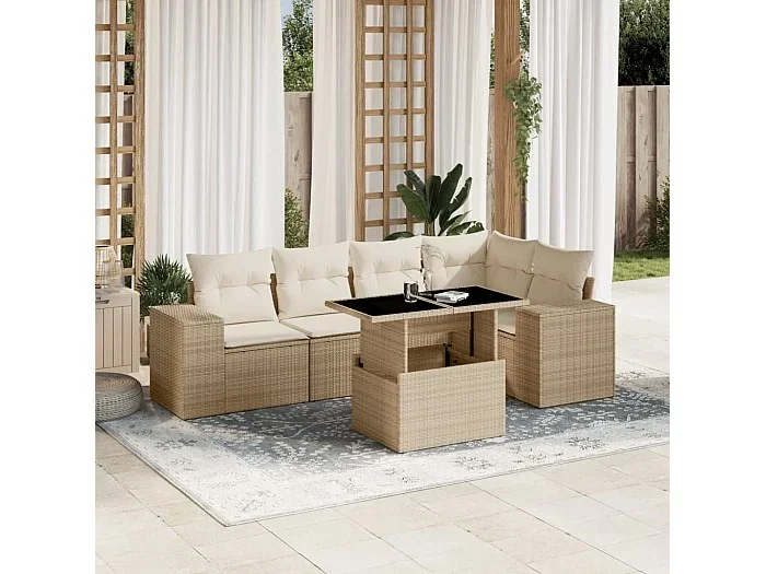 Juego de sofás jardín con cojines 6 piezas ratán sintético beige