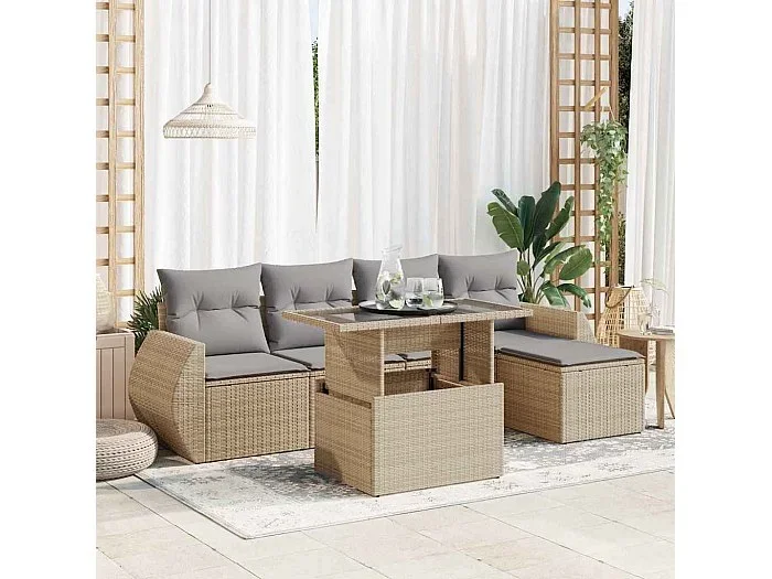 Juego de sofás jardín con cojines 6 piezas ratán sintético beige