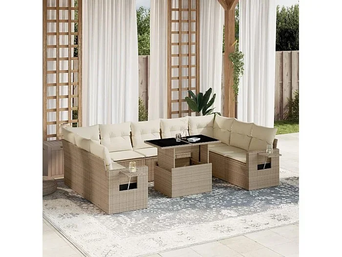 Juego de sofás jardín con cojines beige 10 piezas ratán sintético